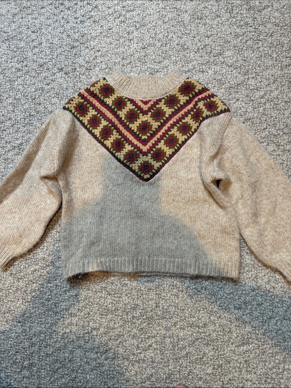 Zara Cream Sweater with Pink and Green Fair Isle Yoke